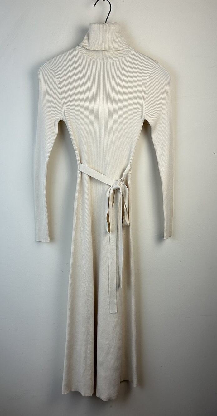 ZARA Ivory Ribbed Long Sleeve Maxi Dress Sz S Bodycon Turtleneck Elegant Belted